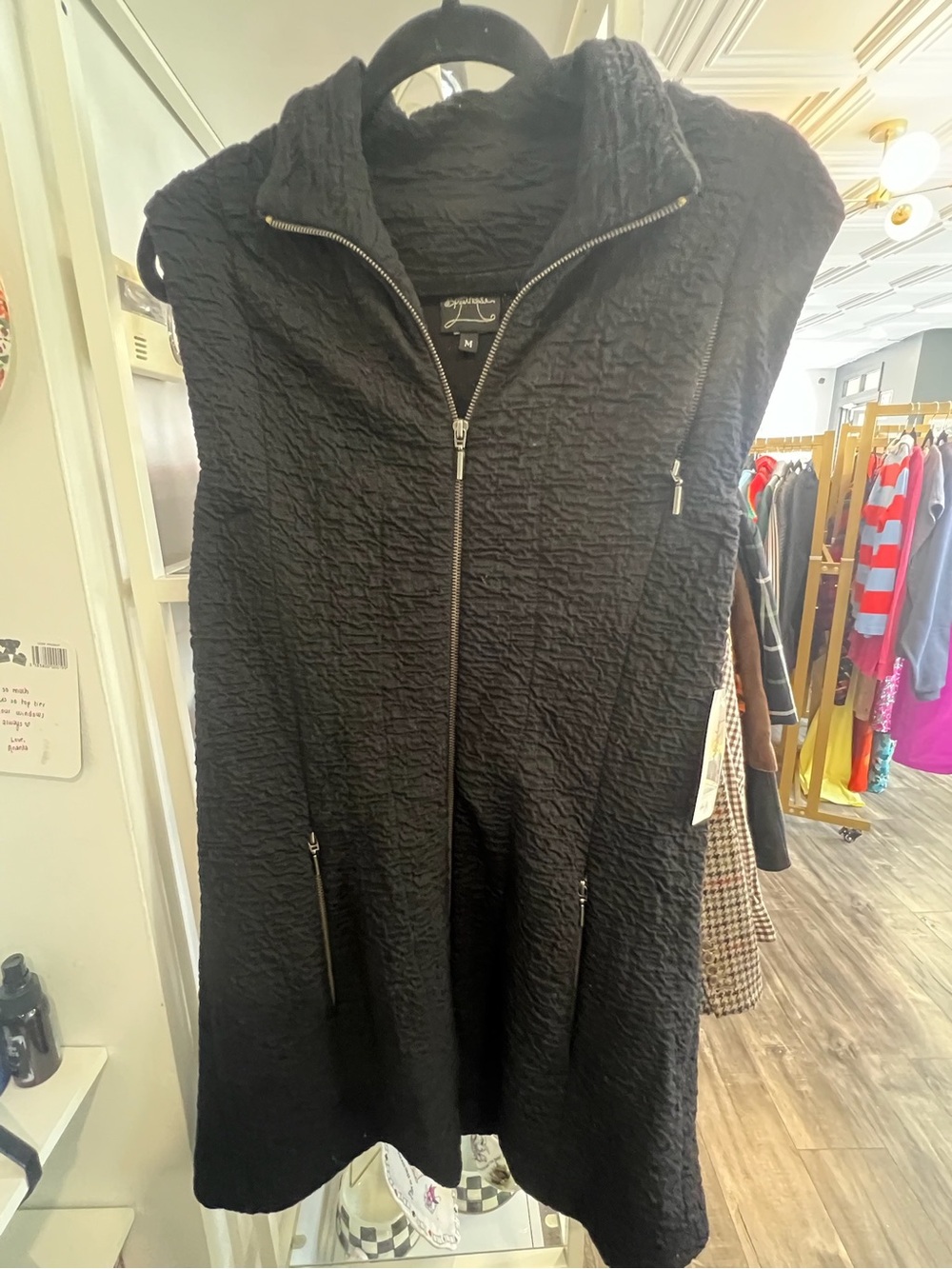 Black Textured Quilted Zip-Front Sleeveless Vest